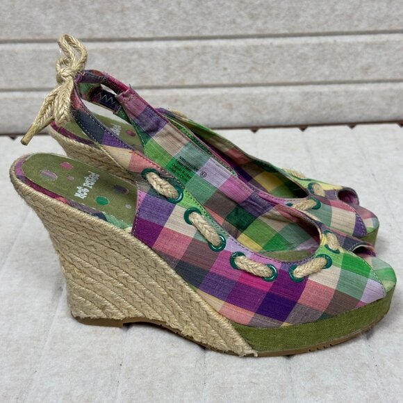 Not Rated Plaid Espadrille Wedge Sandals Peep Toe Slingback Women 8.5 - Picture 3 of 11